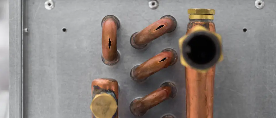 Copper pipe bends split open along their length, mounted on a grey metal panel