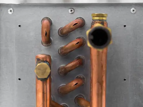 Copper pipe bends split open along their length, mounted on a grey metal panel