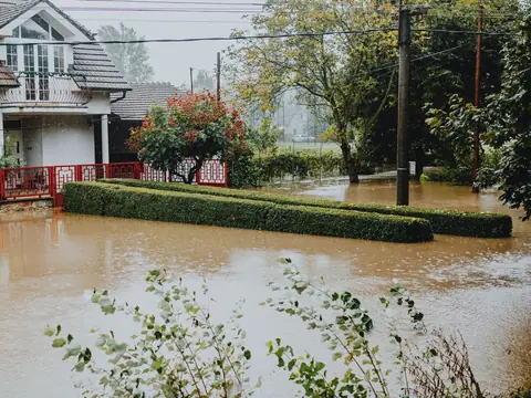 Brown flood water covering a yard up to a clipped hedge and the fence of a white house, in rain under a grey sky